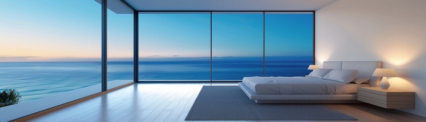 Fototapeta premium Luxury current dwelling domestic, highend finishes, spacious rooms, panoramic windows, modern architecture, ocean view, 3D, photorealistic