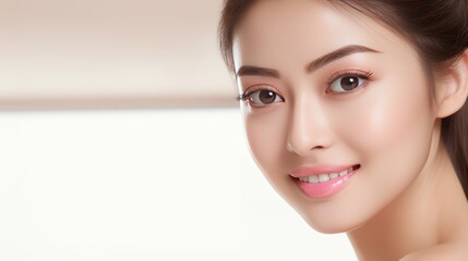 Fototapeta premium Asian woman model touching healthy skin, cosmetics concept with copy space for text