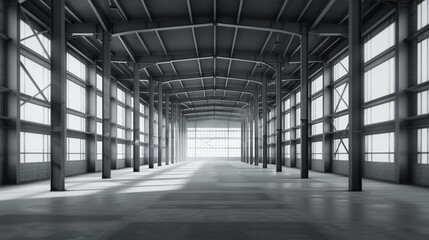 Obraz premium Industrial assembly layout erection, exposed steel, brick elements, rustic design, large open spaces, urban landscape, grayscale sketch, detailed construction