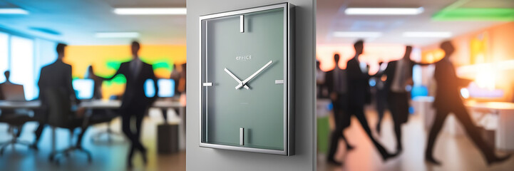 Time is running out concept shows clock on office wall. Modern minimalist black and silver clock on white wall