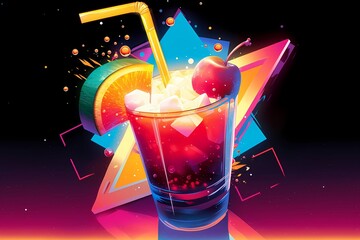 Exotic alcohol cocktail in neon colors on dark background. Summer party in bar or restaurant. Vaporwave, synthwave, 80s or 90s style. Creative retro illustration for design banner, poster, invitation