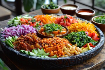 Obraz premium Plate of food that includes beans, tomatoes, and other vegetables, Food background