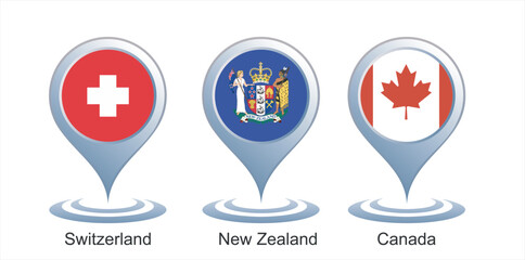 switzerland New Zealnad canada, vector icon of simple forms of point of location, 3D Realistic Location map pin gps pointer markers vector illustration for destination.