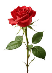 Beautiful red rose flower with stem and leaves. Dark red rose with green leaves isolated. Red rose on stem with clipping path on transparent background.