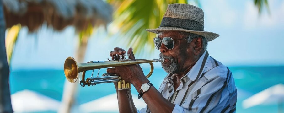 An elderly man plays a trumpet in a beach setting, surrounded by palm trees and a vibrant blue ocean, depicting a blend of music, culture, and the serene coastal environment