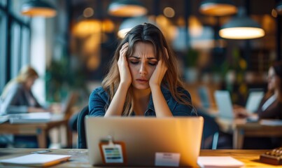 A stressed woman is sitting in a cafe, focusing intently on her laptop amidst a background of other people, highlighting the challenges and pressures of modern work life