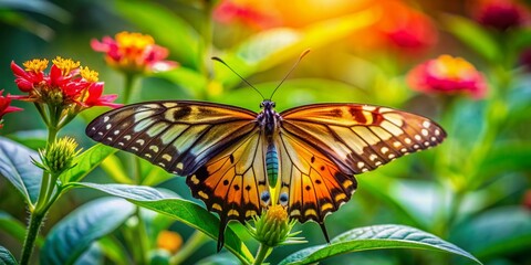 Fototapeta premium Delicate wings of a beautiful butterfly folded as it perches on a vibrant colorful flower, surrounded by lush green leaves in a serene natural setting.