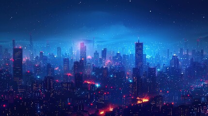 Nighttime Cityscape Illustration with Stars and Neon Lights