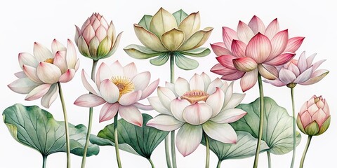 Fototapeta premium Delicate watercolor illustrations of blooming water lily flowers in soft pink and white hues on a clean white background, perfect for design and decor.