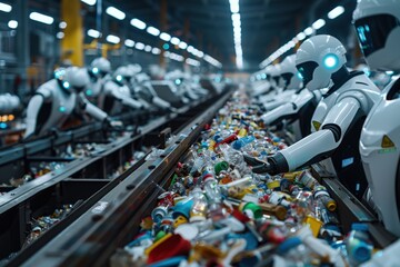 Fototapeta premium Robots efficiently sort waste materials on a conveyor belt at a high-tech recycling plant, illustrating automation and innovation in the waste management industry.