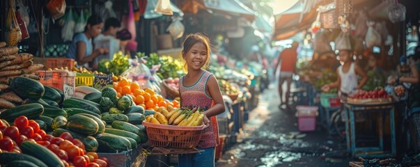 A young girl with a basket full of vegetables stands in a bustling market teeming with colorful produce and busy shoppers, embodying a sense of curiosity and engagement