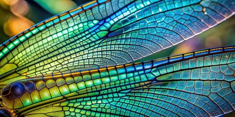 Delicate intricacies of iridescent dragonfly wing unfold in mesmerizing close-up, showcasing vibrant blues and greens, with delicate veins and microscopic scales shimmering in detail.