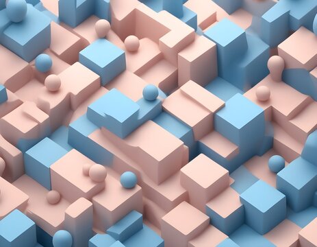 Abstract geometric background with pastel pink and blue cubes and spheres. Perfect for minimal designs, tech presentations, and social media graphics. Modern, clean, and visually appealing.
