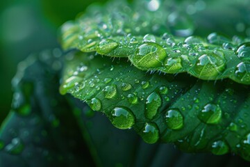 A close-up shot of green leaves covered in fresh dew drops, capturing the intricate details and vibrant hues of nature.