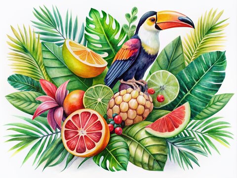 recommend clip art: Vibrant watercolor clip art featuring exotic palm leaves, colorful tropical fruits, and playful toucans amidst lush greenery, creating a whimsical and inviting summer atmosphere.