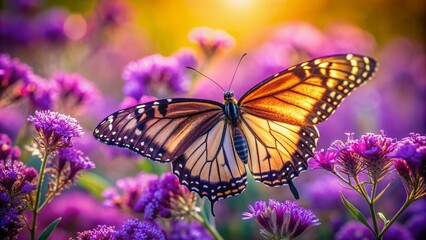 Obraz premium Delicate butterfly with intricate wings and antennae rests on lush purple petals, surrounded by soft focus foliage, evoking serenity and beauty in nature.