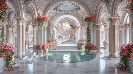 Naklejka premium Marble white stairs with flower garlands, fantasy palace or heaven stone stair with floral decorations, fairytale princess castle interior, AI generated image