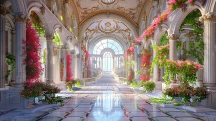 Marble white stairs with flower garlands, fantasy palace or heaven stone stair with floral decorations, fairytale princess castle interior, AI generated image