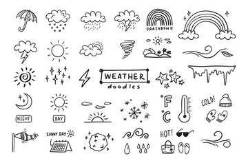Weather Doodle sketch icons cartoon line hand drawn illustration for concept design. Kids cute style © Yanka