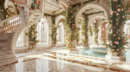 Fototapeta premium Marble white stairs with flower garlands, fantasy palace or heaven stone stair with floral decorations, fairytale princess castle interior, AI generated image