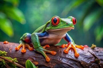 Vibrant red-eyed tree frog with intricate markings and delicate features perched on a damp log, set against a blurred emeraldgreen background, exuding tropical charm.