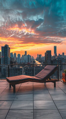 Urban Rooftop at Dusk with Reclining Chair and Skyline View  