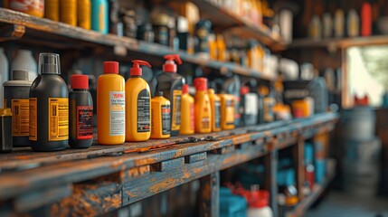 Fototapeta premium Car Care Products on Workshop Shelf. Variety of car care products, including oils and cleaners, arranged neatly on a shelf in a workshop setting.