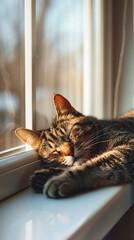 Lazy Cat Napping Peacefully in Sunny Window Sill  