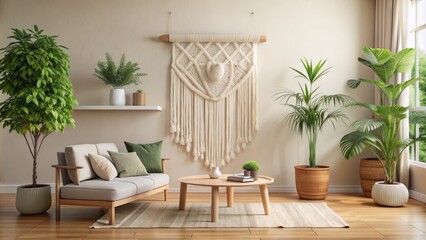 Ethereal cream-colored walls adorned with simple abstract art, lush greenery, and a subtle macrame wall hanging exude fresh bohemian elegance.