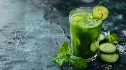 Fototapeta premium Green juice in a glass with cucumber and mint, refreshing, detox