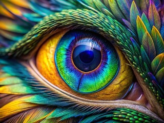 Obraz premium Vibrant iridescent feathers surround a bird's eye, with intricate details of eyelashes, pupil, and iris, showcasing nature's stunning beauty in a sharp macro perspective.