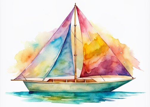 recommend clip art: Vibrant watercolor sailboat clipart isolated on a clean white background, featuring delicate brushstrokes, soft colors, and elegant lines, perfect for nautical designs and summer themes.