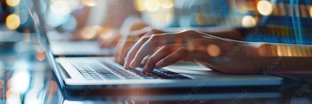 Poster person typing on a laptop with colorful bokeh lights in the background. represents remote work and t