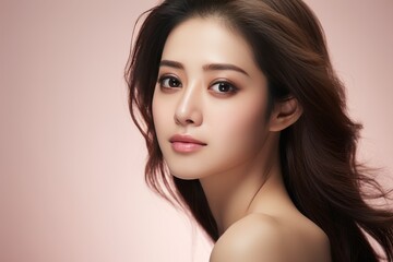 Fototapeta premium Asian woman with flawless skin in cosmetics concept portrait on clean background with copy space