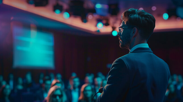 Speaker presenting a workshop at a business conference, engagement, education