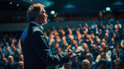 Keynote speaker addressing a large audience at a business conference, leadership, inspiration