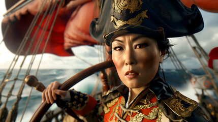 Naklejka premium Stern asian woman pirate captain steering ship