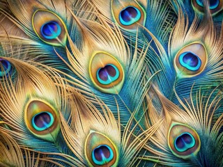 Vibrant blue peacock feathers with intricate eye-like patterns and delicate rachis, set against a soft, creamy background with subtle texture and gentle shadows.