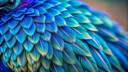 Obraz premium Vibrant blue bird's feathers showcase intricate plumage details, iridescent sheen, and delicate patterns, highlighting nature's majestic beauty in extreme close-up photography.