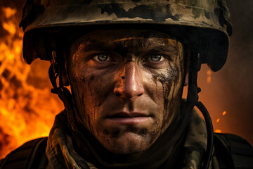 Generative AI illustration of soldier in camouflage uniform at the battlefield