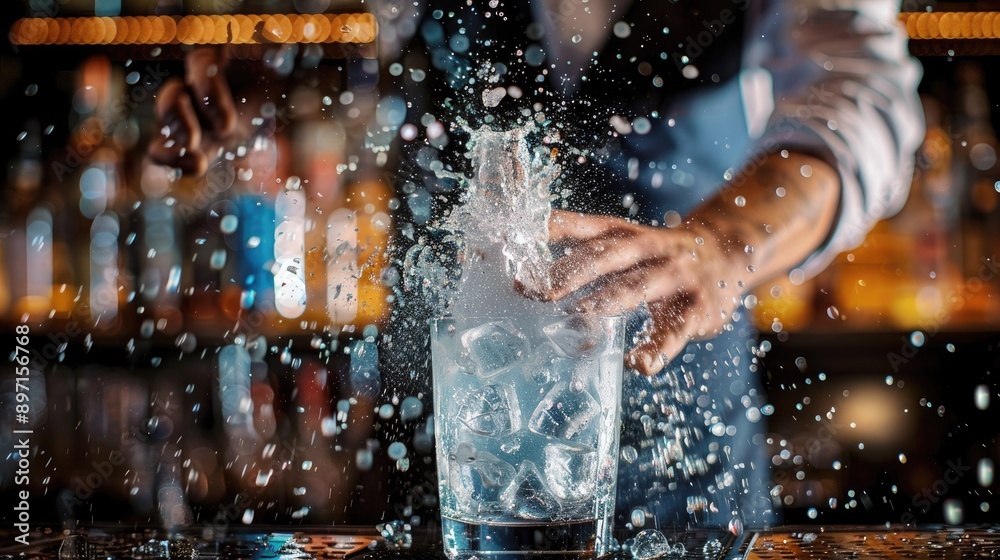 Poster A bartender shaking a cocktail in a shaker, creating a visual effect. 