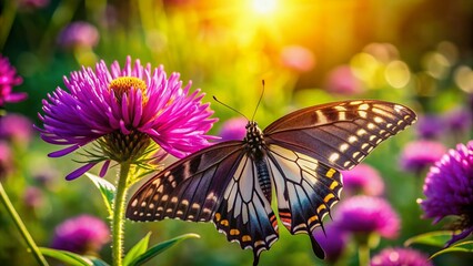 Obraz premium Vibrant purple flower petals cradle a delicate butterfly, its intricate wings folded, as it sips nectar, surrounded by lush green foliage in warm sunlight.
