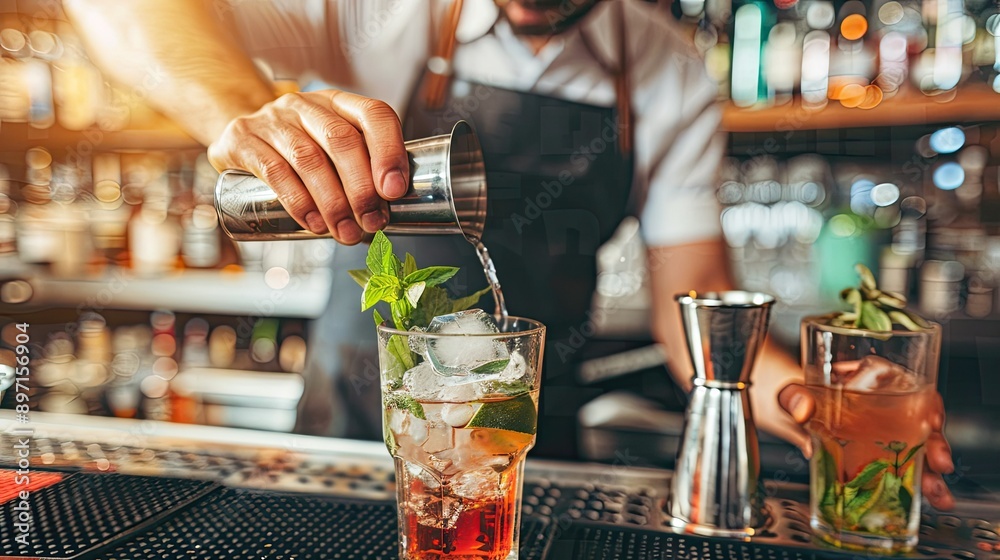 Poster A bartender using a jigger to measure ingredients while mixing a drink. 