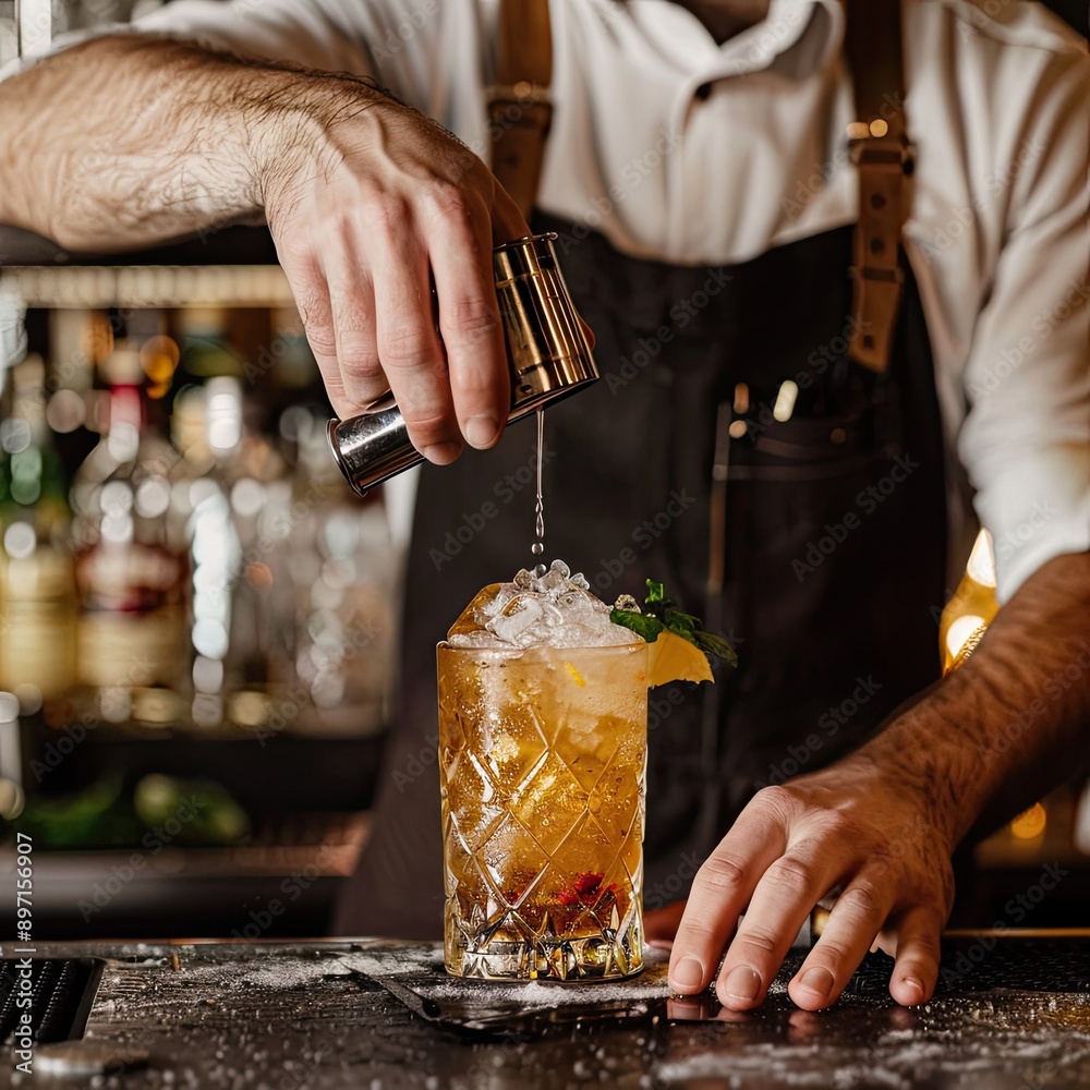 Aufkleber A bartender using a jigger to measure ingredients while mixing a drink. 