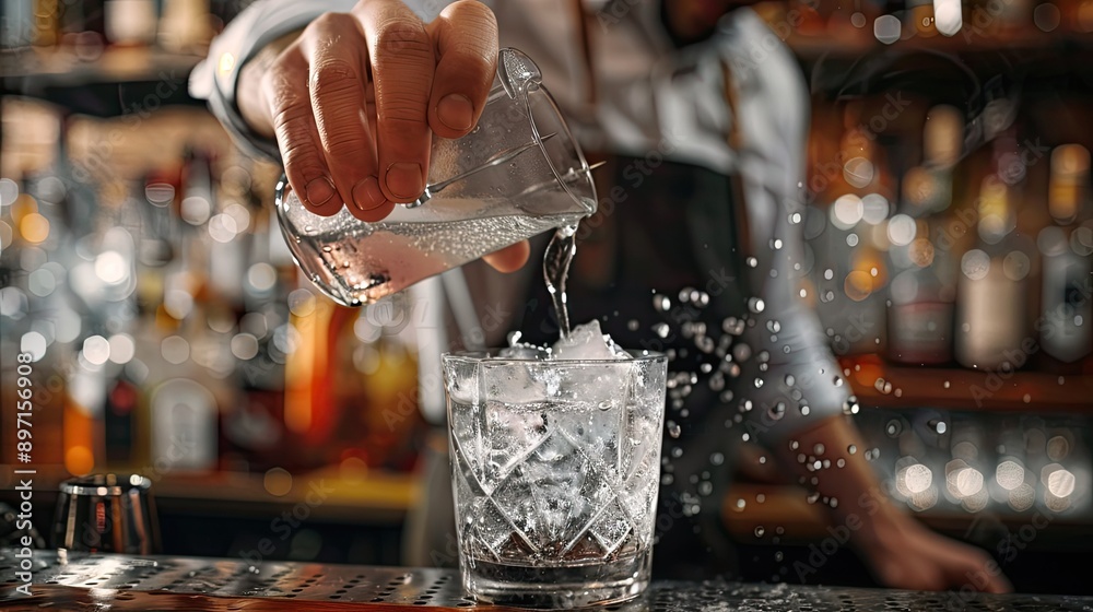 Poster A bartender using a jigger to measure ingredients while mixing a drink. 