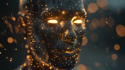 A digital rendering of a human head made of glowing particles and connected with lines.