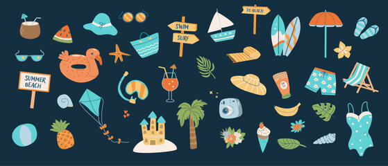 Beach party scrapbooking elements collection. Summer stickers, doodle icons pack. Set cute summer beach elements - surf, sunglasses, cocktails, camera and other sea vacation accessories.