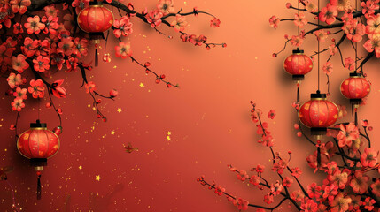 Cherry blossom branches with red lanterns hanging against a red background, celebrating traditional Asian culture and festivals.