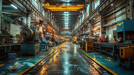 Wide-angle view of a large, modern industrial factory interior showcasing various heavy machinery, equipment, and automated technology in a well-lit environment