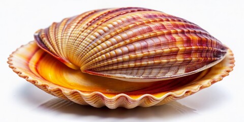 Vibrant close-up of an open clam shell reveals intricate texture and delicate flesh on a pristine white background, highlighting nature's subtle beauty.
